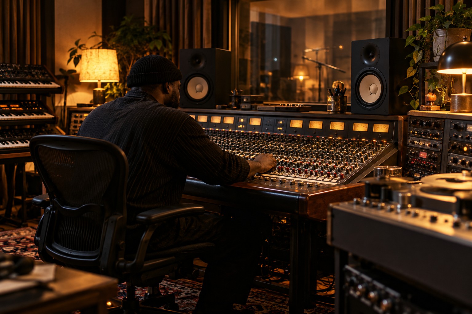 Music producer working at a mixing console in an amber-lit recording studio